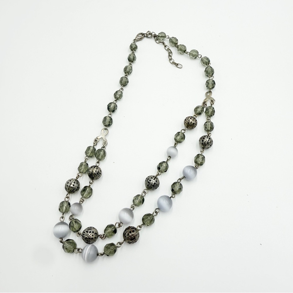 Tiger Eye Stone & Crystal Beaded Double-Strand Necklace Silver Filigree Accents - Picture 5 of 9